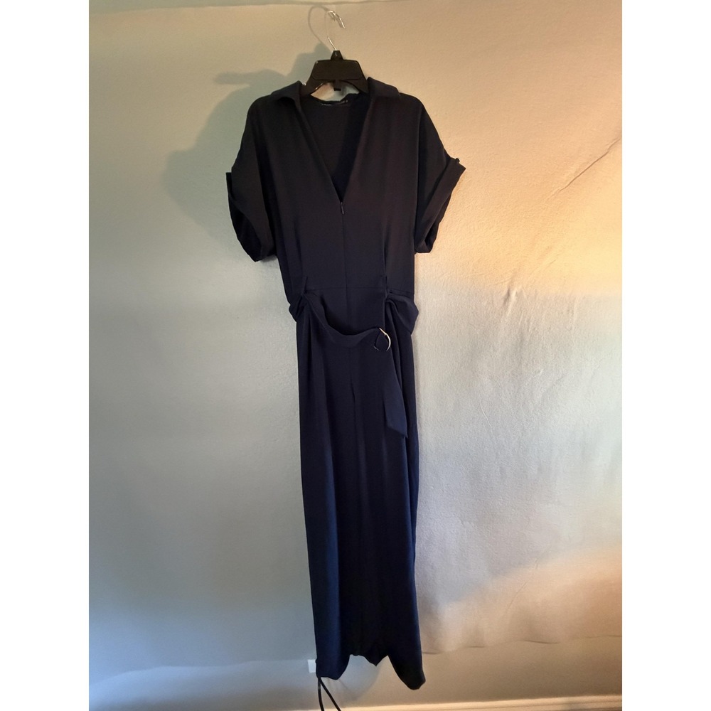 Zara Jumpsuit Womens Small Blue Short Sleeve Collared Belted V Neck Wide Leg Zip